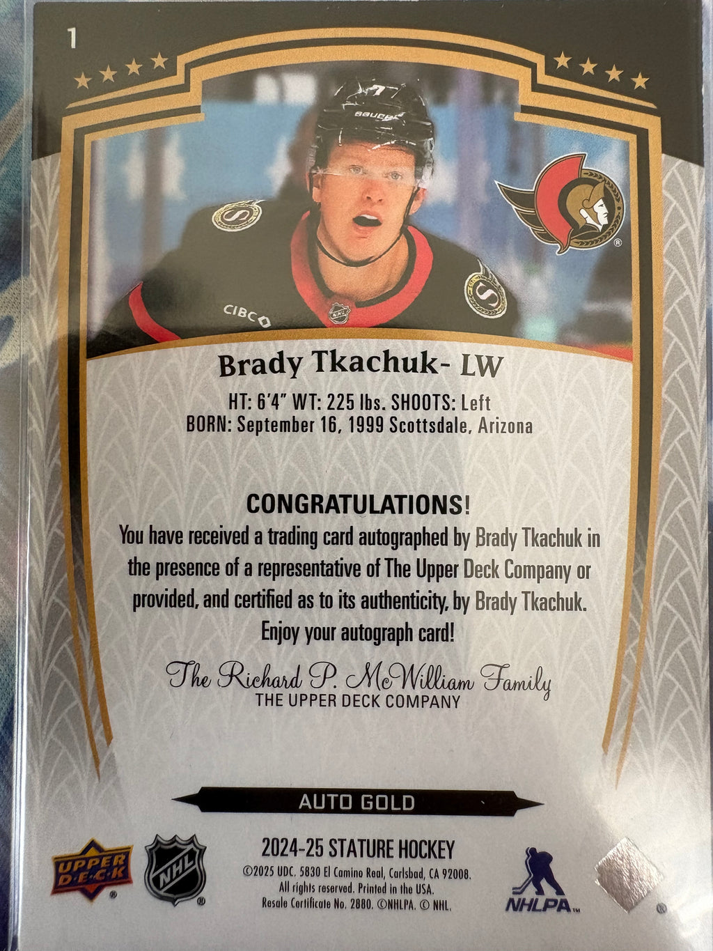 Brady Tkachuk Upper Deck Stature 2024-25 Gold 08/10 Auto