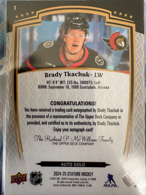 Brady Tkachuk Upper Deck Stature 2024-25 Gold 08/10 Auto