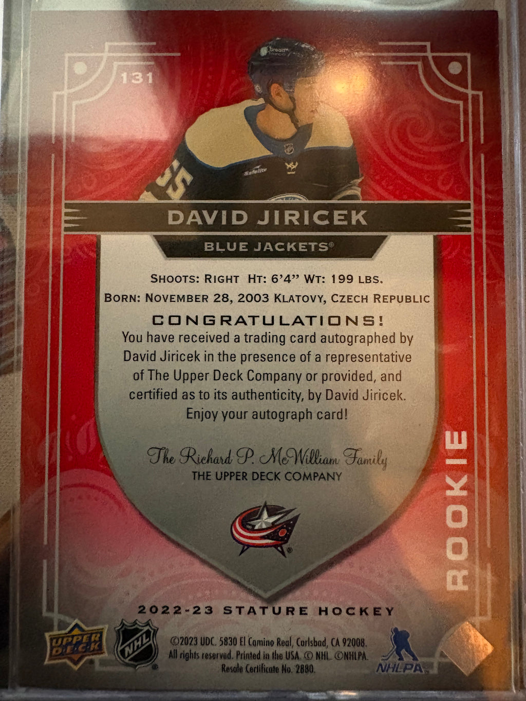 David Jiricek Rookie Upper deck Stature 2022-23 Auto Red 22-35