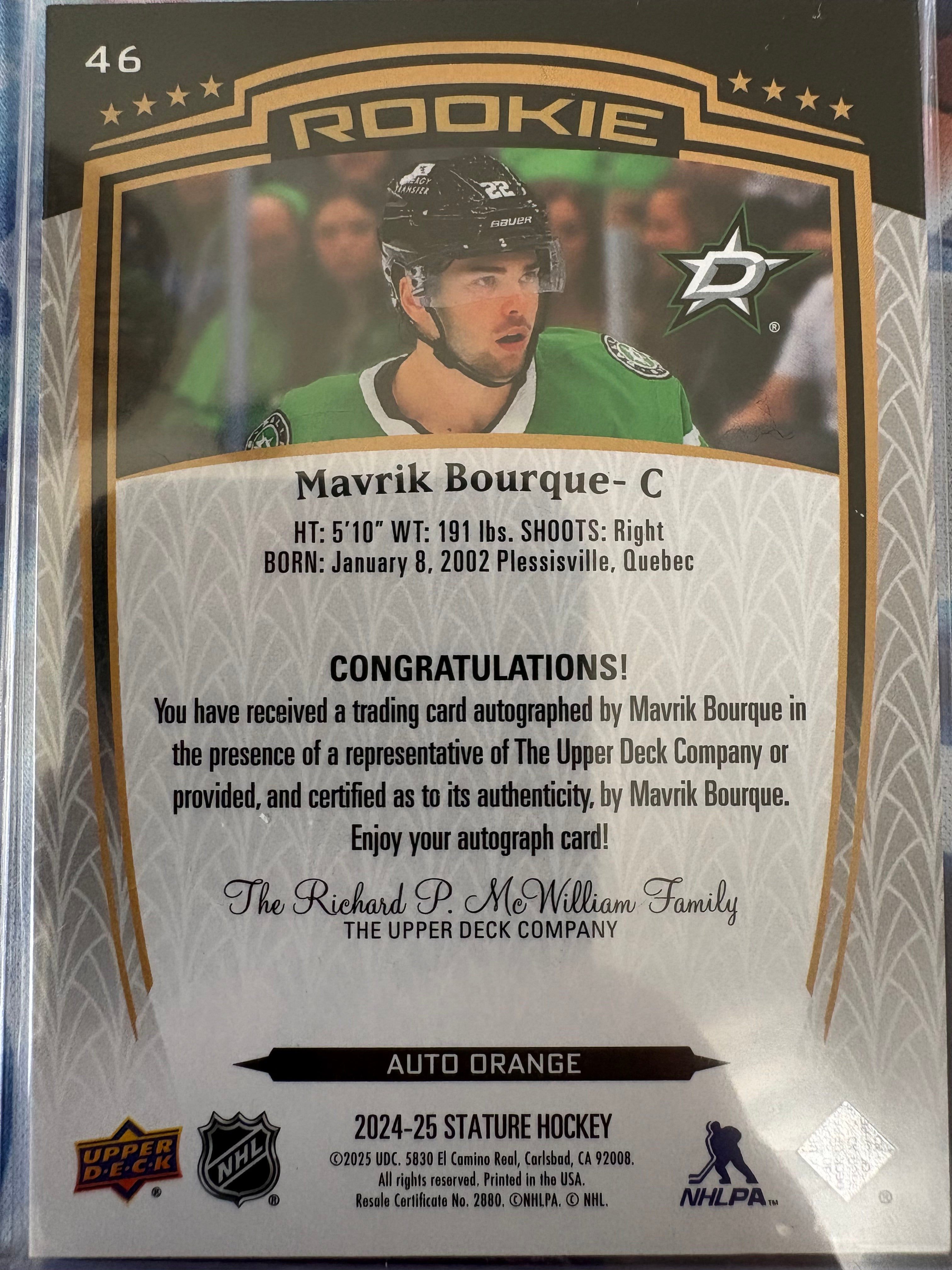 Mavrik Bourque Upper Deck Stature 2024-25 Auto 04/50 Orange